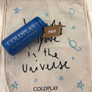 MiiR Blue Coldplay Coffee Canister and graffiti Coldplay signed drawstring bag